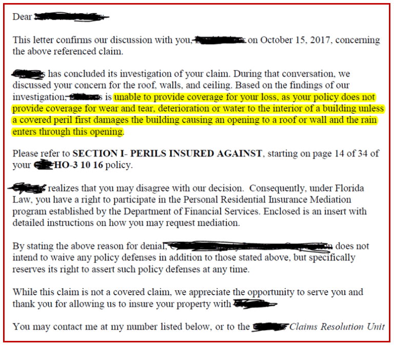 What a denial letter looks like from your property insurance company